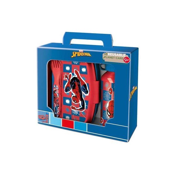 Set Sandwichera cubiertos + botella aluminio Spiderman