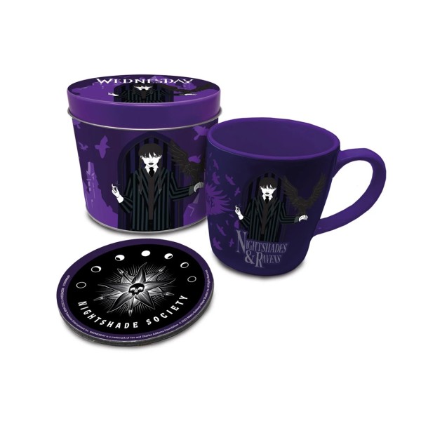 Set de taza posavasos + lata pyramid wednesday addams