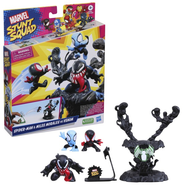 Set de juego hasbro marvel stunt squad villain knockdown spider - man y miles morales vs venom