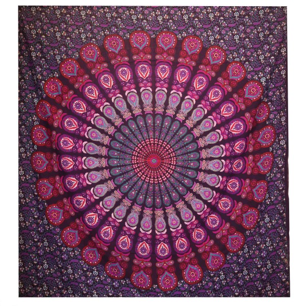 Colcha Doble de Algodón + Colgante de Pared - Pavo Real Mandala - Morado