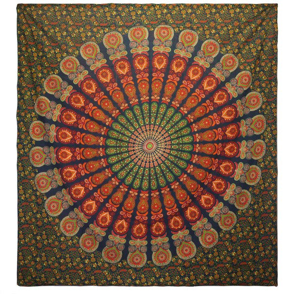 Colcha Doble de Algodón + Colgante de Pared - Pavo Real Mandala - Verde