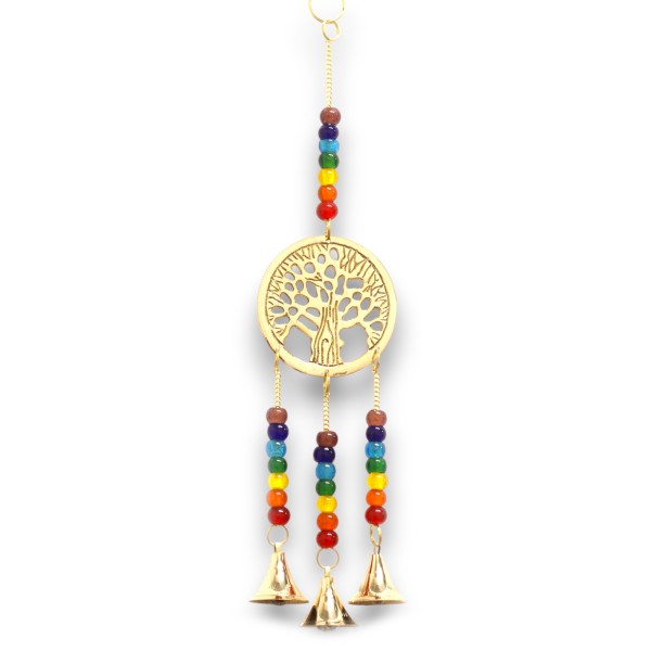 Campanas Indias - Árbol de la Vida de Latón con Cuentas de Chakra - 3 Campanas - 6.5x31cm