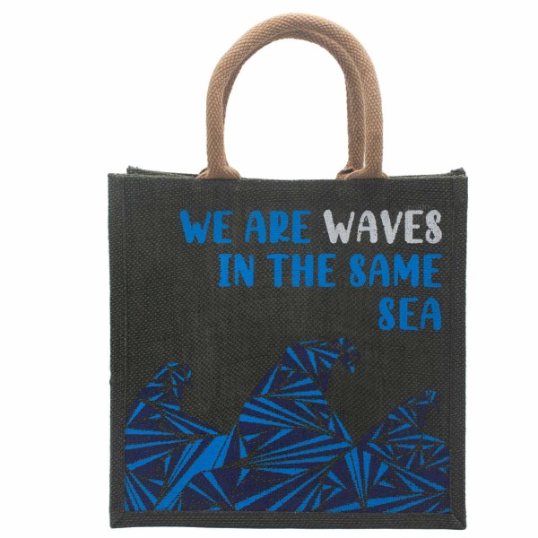 bolsa de yute estampada - Somos olas - Cinza, Azul y Natural