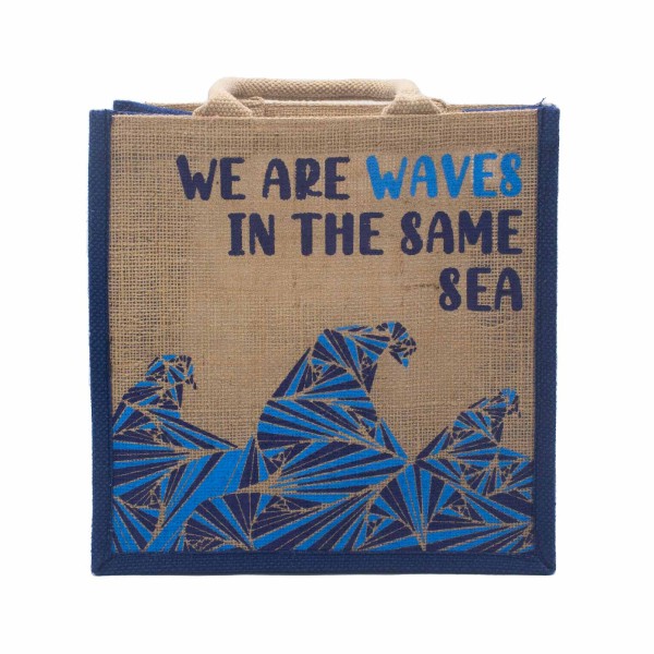 bolsa de yute estampada - Somos olas - Cinza, Azul y Natural