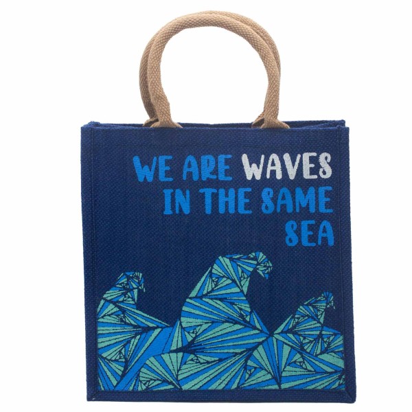 bolsa de yute estampada - Somos olas - Cinza, Azul y Natural