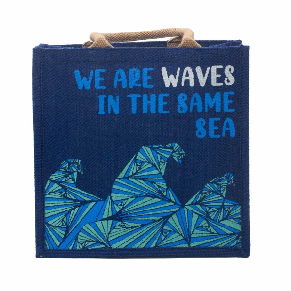 bolsa de yute estampada - Somos olas - Cinza, Azul y Natural