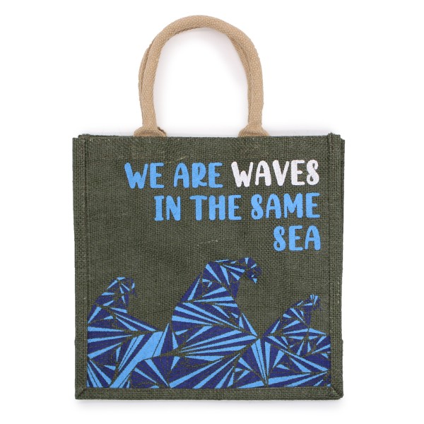 bolsa de yute estampada - Somos olas - Cinza, Azul y Natural