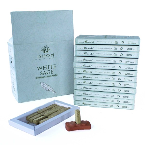 Pack of 15 Natural Incense Smudge Bricks and Burner - White Sage