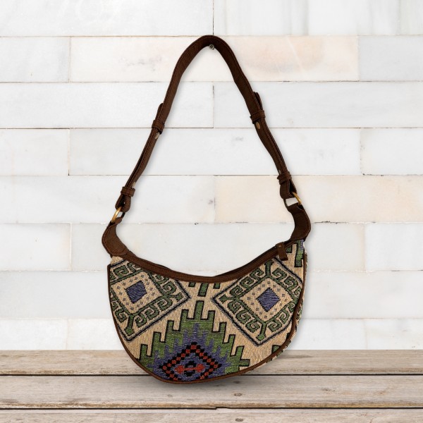 Bolso Hobo de Jacquard - Geo-Verde (correa marrón)