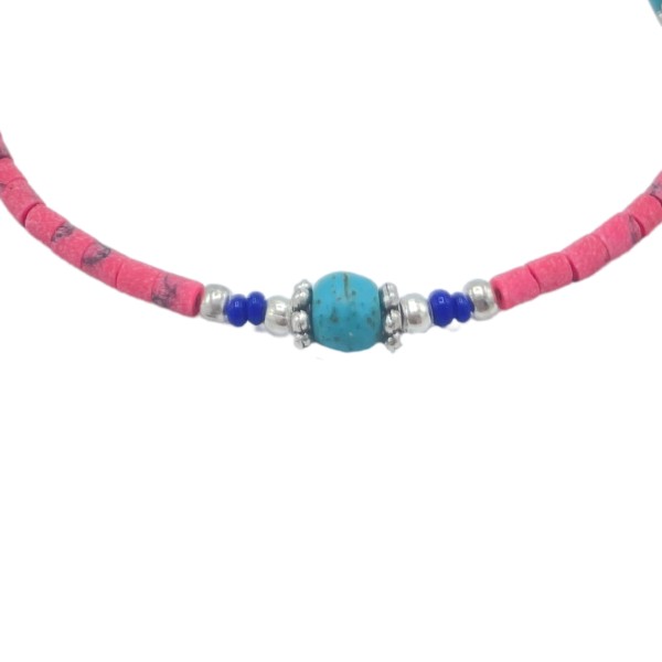 Pulsera nepalí de gemas extrafinas - cuentas de coral rosa y turquesa