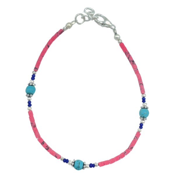 Pulsera nepalí de gemas extrafinas - cuentas de coral rosa y turquesa