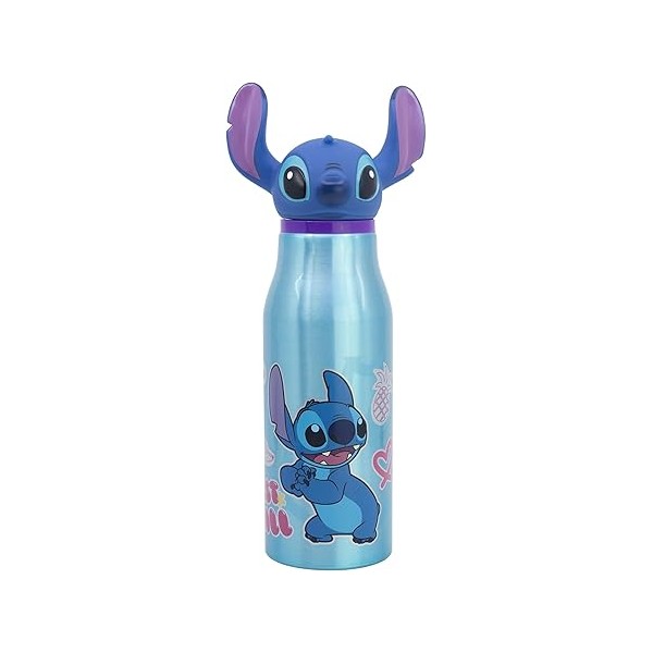 Botella de agua infantil de aluminio de 690 ml con figurita en el tapón de Stitch