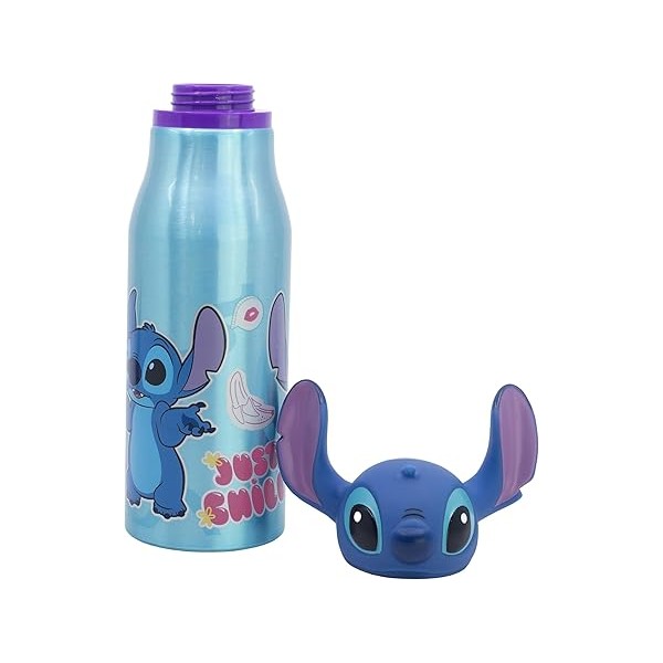 Botella de agua infantil de aluminio de 690 ml con figurita en el tapón de Stitch