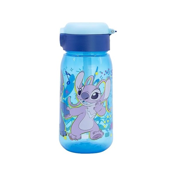 Botella de agua infantil de plástico de 510 ml con tapón y pajita de Stitch