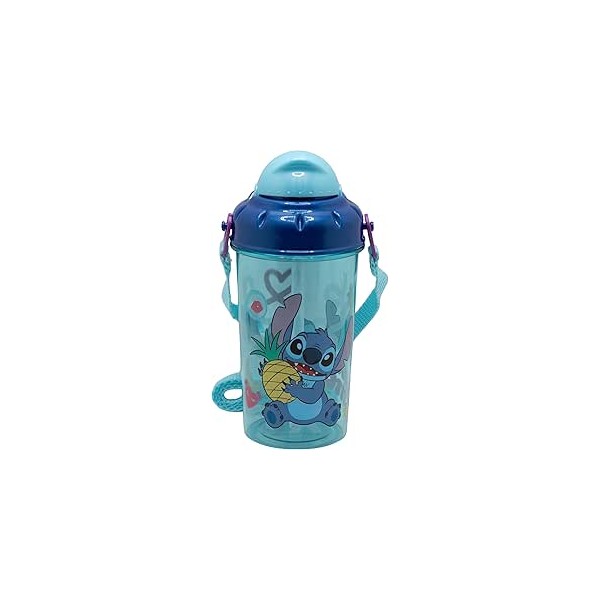 Botella infantil de plástico con pajita, tapa correa de 465 ml de Stitch