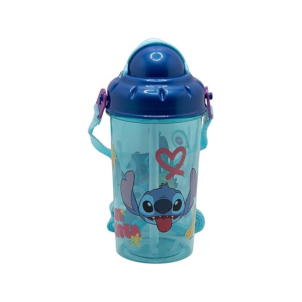 Botella infantil de plástico con pajita, tapa correa de 465 ml de Stitch