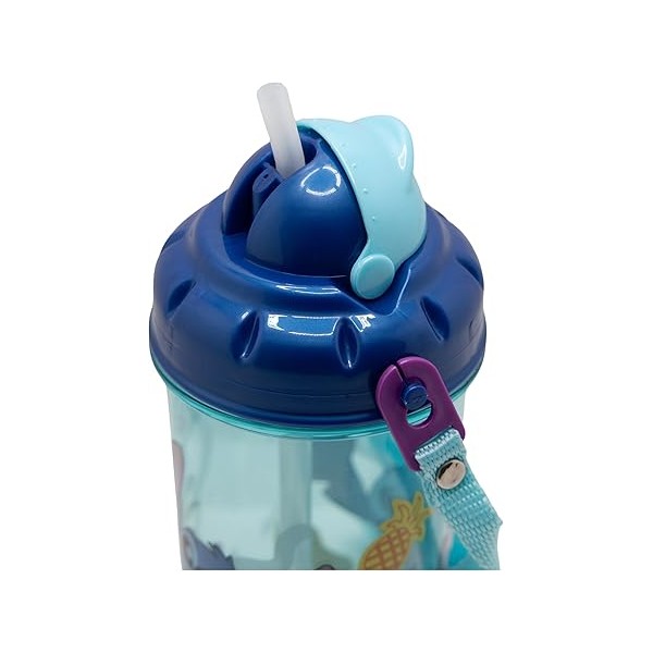 Botella infantil de plástico con pajita, tapa correa de 465 ml de Stitch