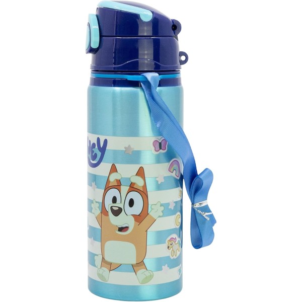 Botella de agua infantil de aluminio de 730 ml con correa, asa, tapón y pajita de Bluey