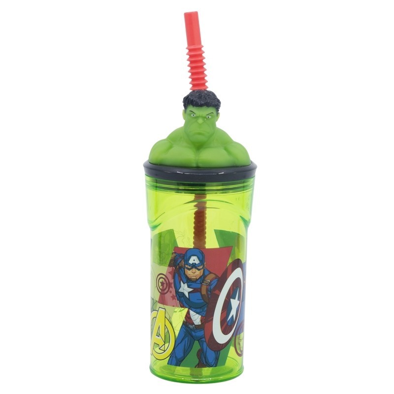 Vaso Hulk Avengers Marvel Con Pajita Y Tapa Con Figurita 3D 360Ml