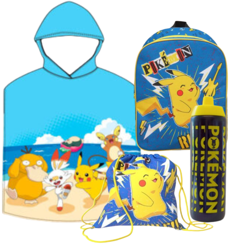 Lote Pokemon, Poncho Toalla, Gorra, Botella y Saco Mochila