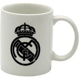 Taza Ceramica Blanca Real Madrid Escudo Negro Desgastado 300ml