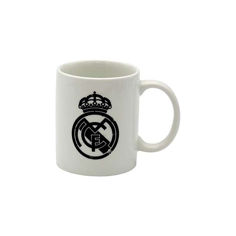 Taza Ceramica Blanca Real Madrid Escudo Negro Desgastado 300ml