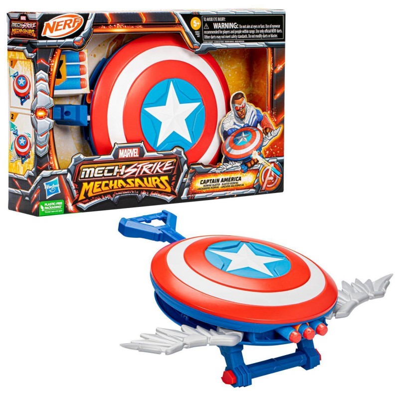 Lanzador hasbro nerf marvel mech strike mechasaurs capitán américa con redwing