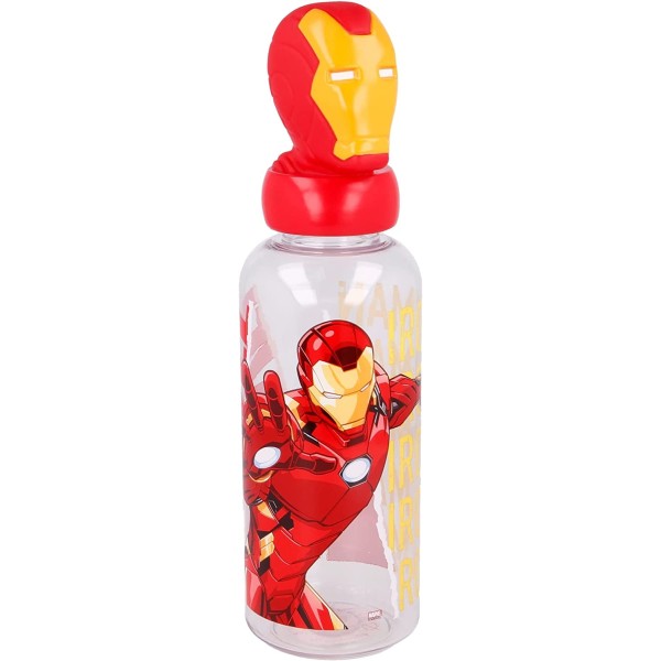 Botella Reutlizable De Plástico Iron Man Con Tapón De Figurita 3d 560Ml