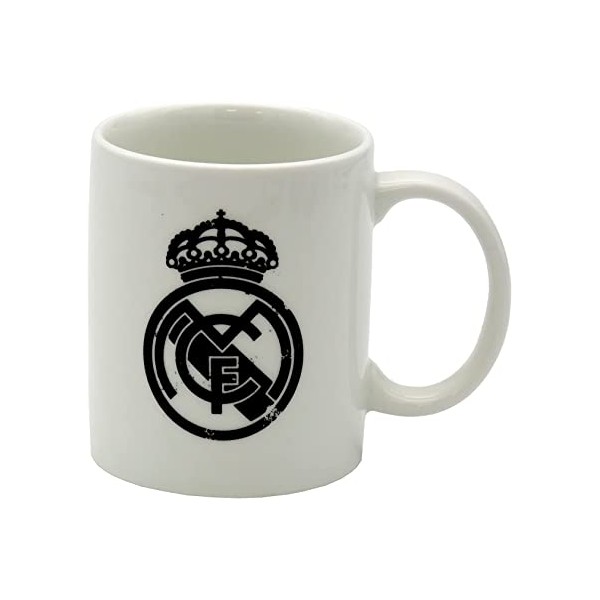 Taza Ceramica Blanca Real Madrid Escudo Negro Desgastado 300ml