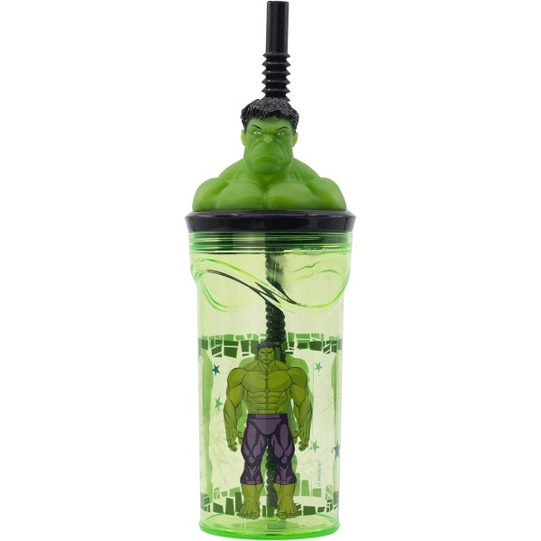 Vaso Hulk Avengers Marvel con Pajita y Tapa con figurita 3D 360ml