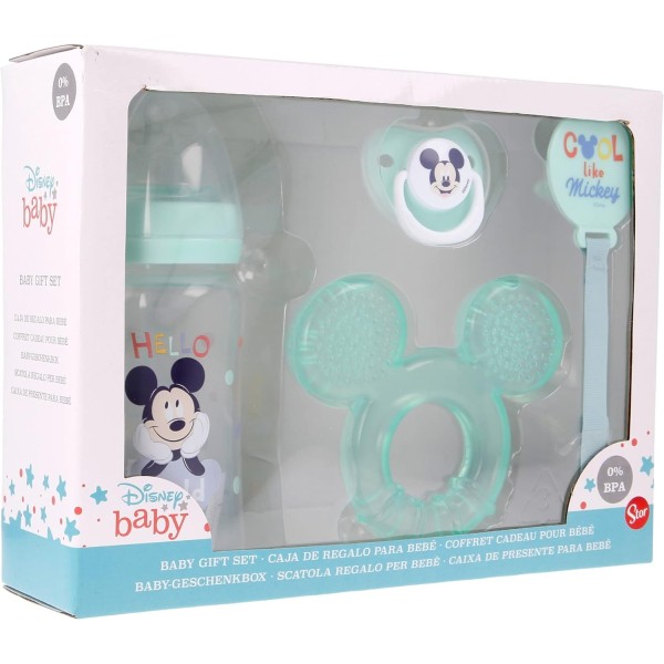 Set De Regalo Para Bebé Biberón, Chupete, Sujetachupetes Y Mordedor Mickey