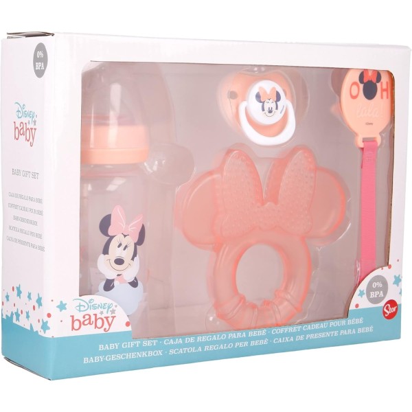 Set De Regalo Para Bebé Biberón, Chupete, Sujetachupetes Y Mordedor Minnie