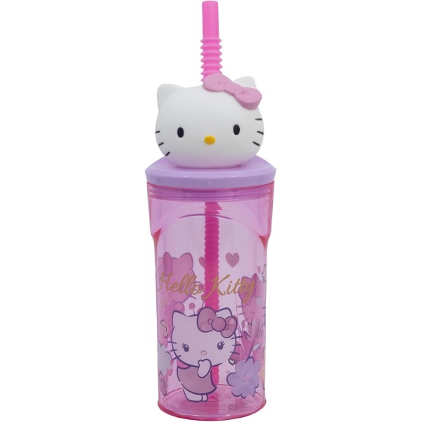 Vaso Infantil Reutilizable Con Pajita y Tapa con figurita 3D 360 ml de Hello Kitty